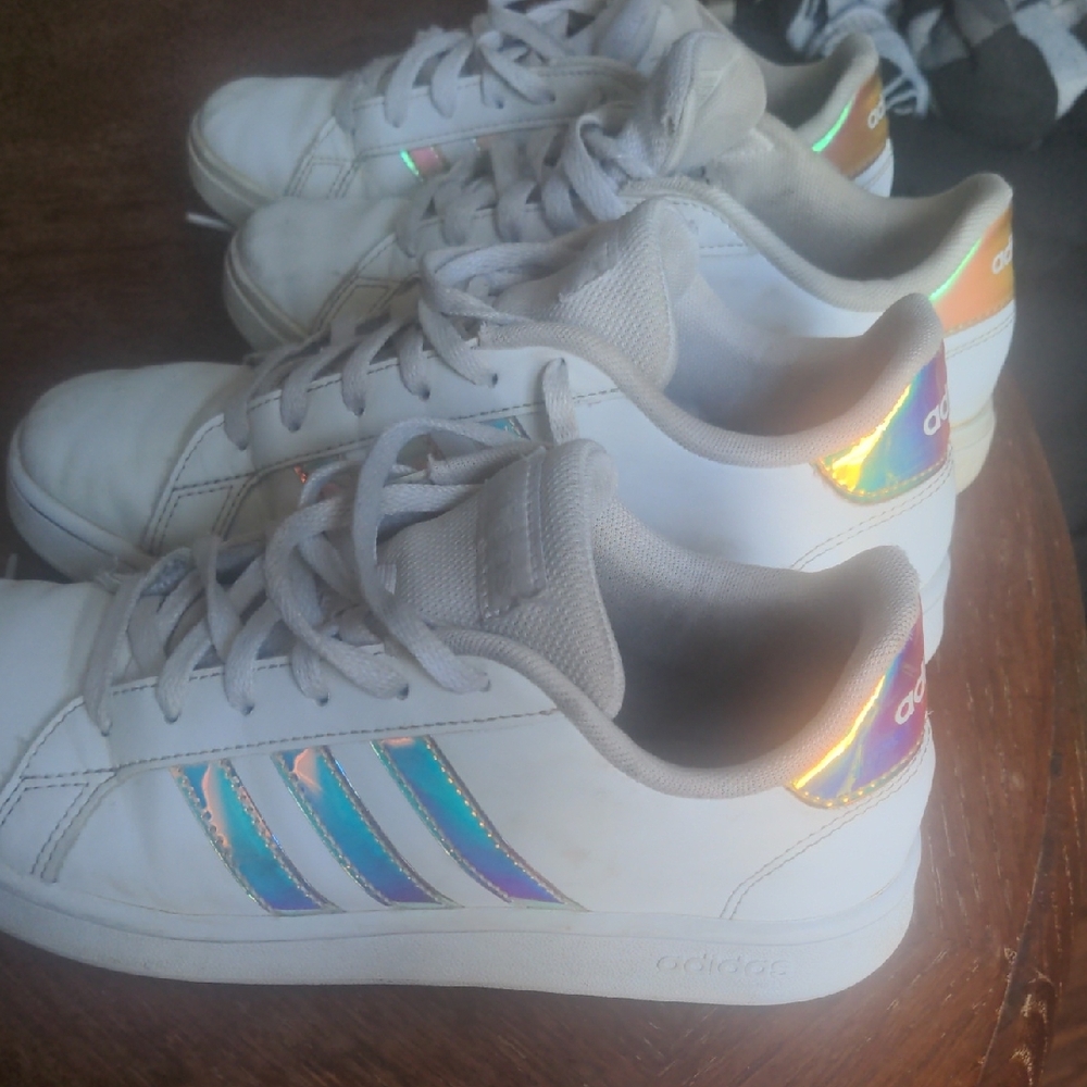 Adidas Big Kids White Sneakers with Colorful Stripes, 2 Pair Sz 3 & 4 - Picture 4 of 7